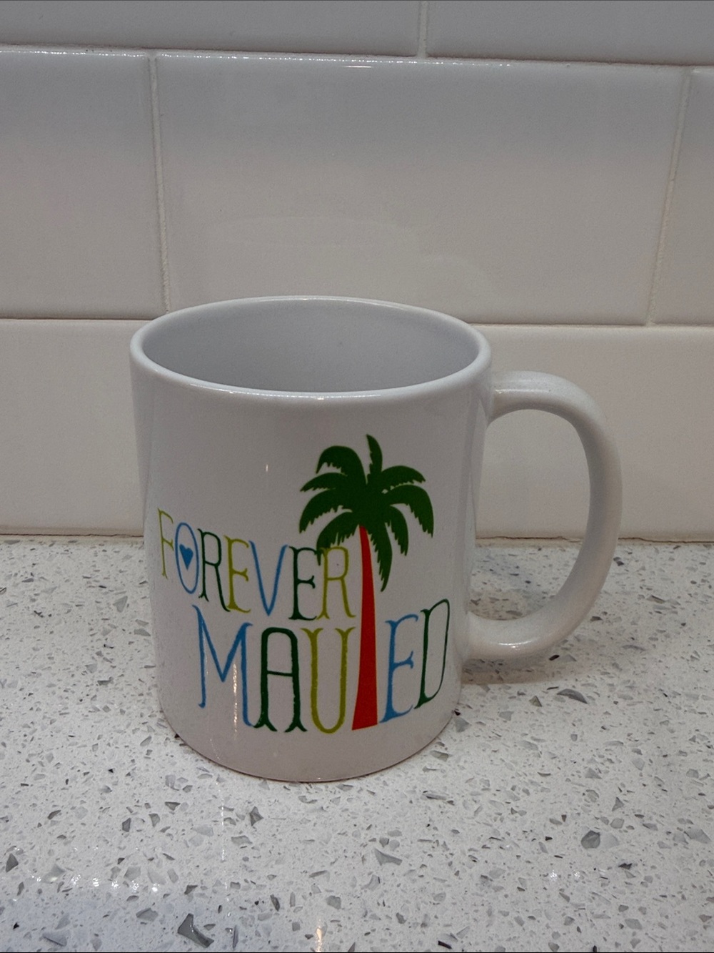 Forever Mauied Hawaiian White Ceramic Coffee Mug with Colorful Palm Design
